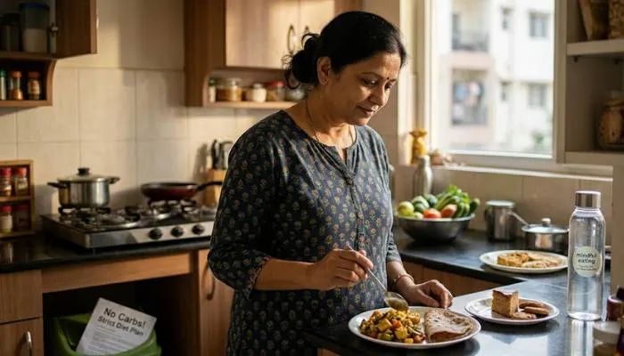 A person making mindful food choices while avoiding the all or nothing dieting trap A person making mindful food choices while avoiding the all or nothing dieting trap