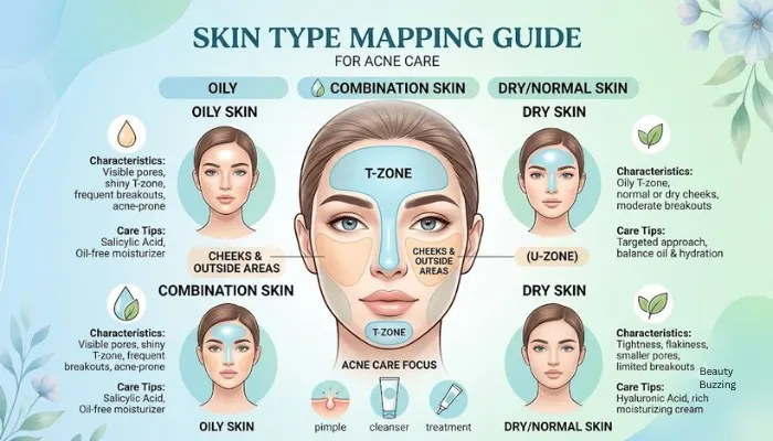 Skin type mapping guide showing T-zone areas to help identify oily, dry, and combination skin types for acne care.