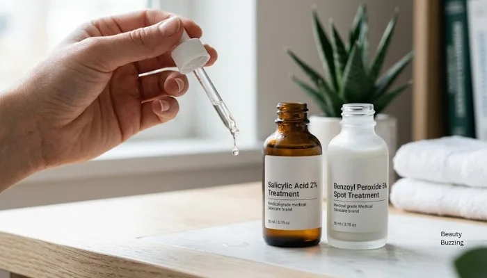 Dermatologist-recommended active skincare ingredients like salicylic acid and benzoyl peroxide for treating pimples.