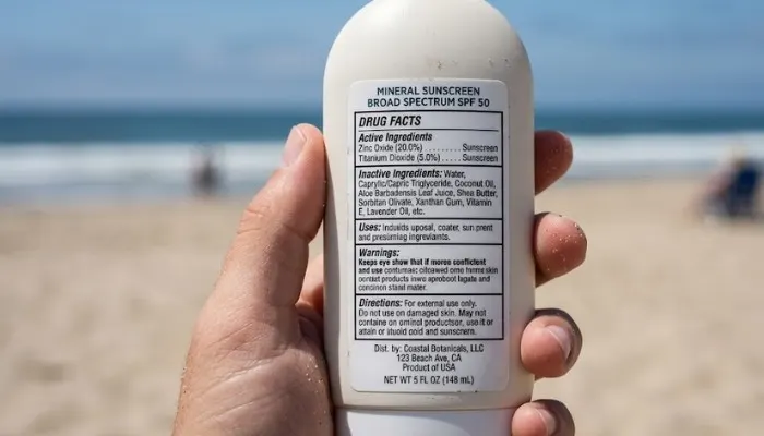 Close-up of a sunscreen bottle back label showing active ingredients like zinc oxide for product identification Close-up of a sunscreen bottle back label showing active ingredients like zinc oxide for product identification