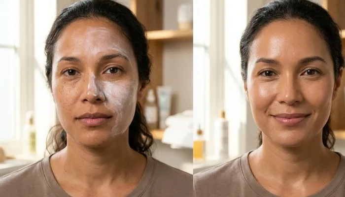 Comparison showing the white cast of untinted mineral sunscreen versus a seamless blend on skin Comparison showing the white cast of untinted mineral sunscreen versus a seamless blend on skin