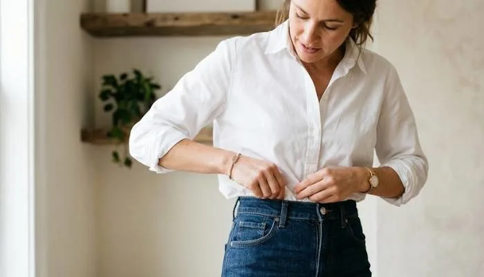 Close-up of a woman demonstrating the French tuck with a white button-down shirt and well-fitted high-waisted jeans. Close-up of a woman demonstrating the French tuck with a white button-down shirt and well-fitted high-waisted jeans.