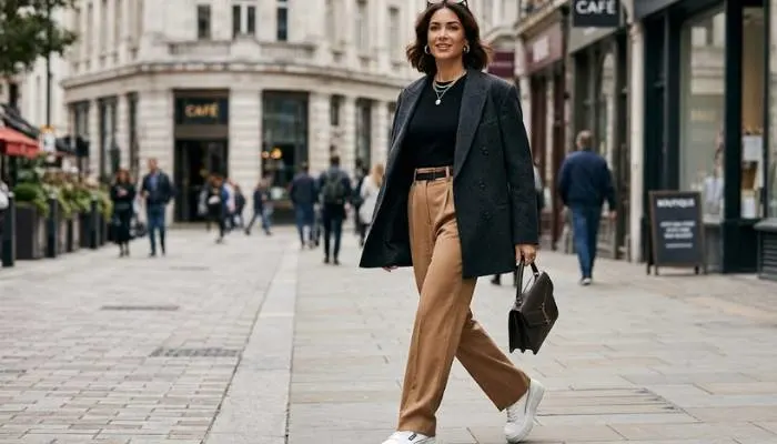 A sophisticated woman styling an oversized blazer with high-waisted trousers and modern platform sneakers. A sophisticated woman styling an oversized blazer with high-waisted trousers and modern platform sneakers.