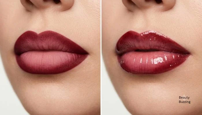Comparison of matte lipstick ombre lips versus glossy ombre lip finish Comparison of matte lipstick ombre lips versus glossy ombre lip finish