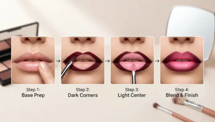 Step by step tutorial diagram showing dark lipstick on outer corners and light lipstick in center Step by step tutorial diagram showing dark lipstick on outer corners and light lipstick in center