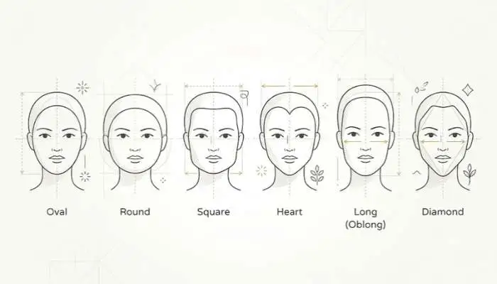 Infographic or model line-drawing illustrating the 6 key face shapes: oval, round, square, heart, long, and diamond.