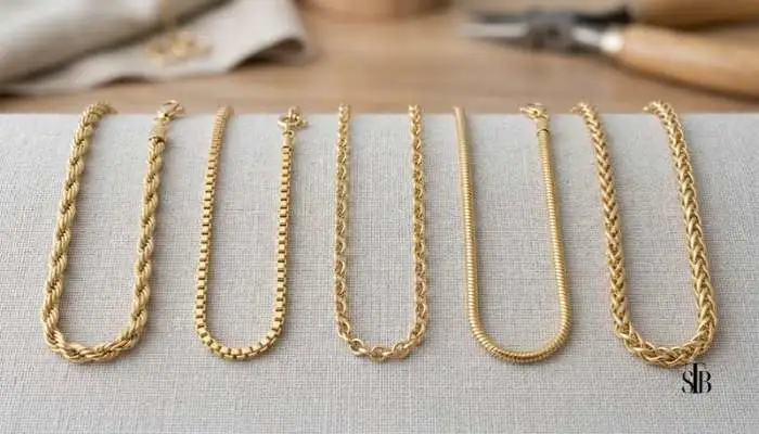 Comparison of everyday gold chain link styles including rope, box, cable, snake, and wheat chains. Comparison of everyday gold chain link styles including rope, box, cable, snake, and wheat chains.