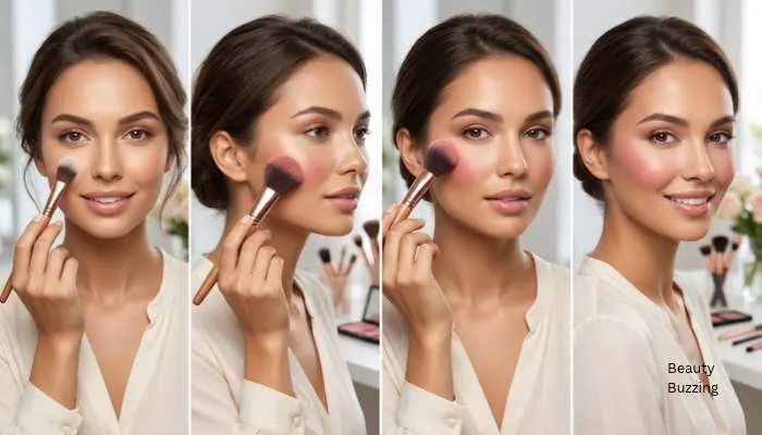 Close-up of makeup brush blending cream blush upward and outward toward the temple on an oval face structure.